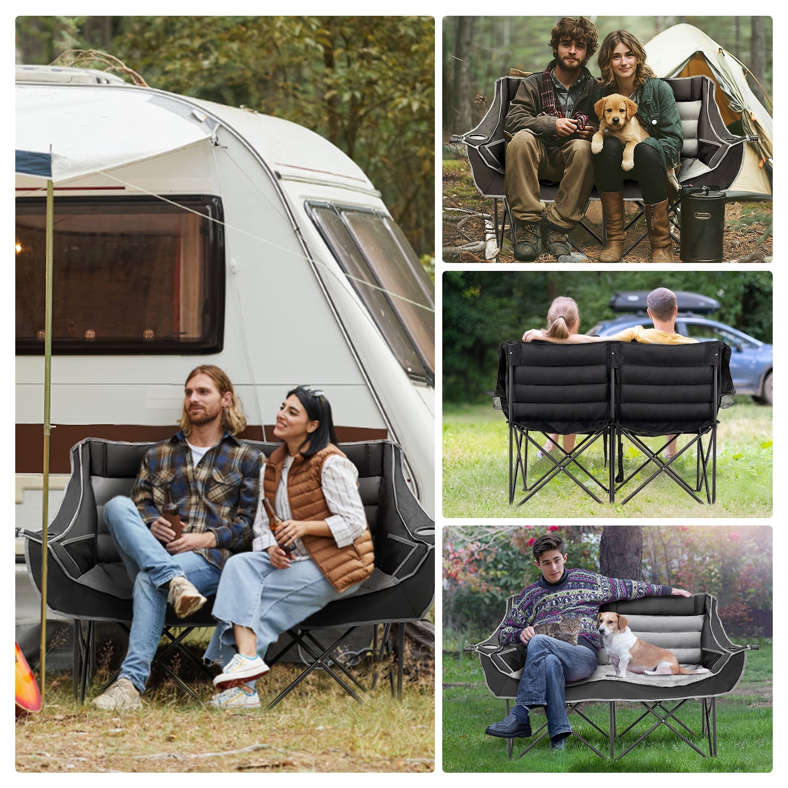 ABORON Oversized Double Camping Chair, Folding 2 Person Camping Chair Loveseat, Fully Padded Duo Chair Camping Couch, Portable Double Camp Chair, Lawn Chairs, Camping Bench with Carrying Bag