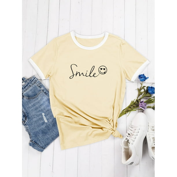 ZXSXSY T-Shirts for Women Happy Face Letter Print Graphic