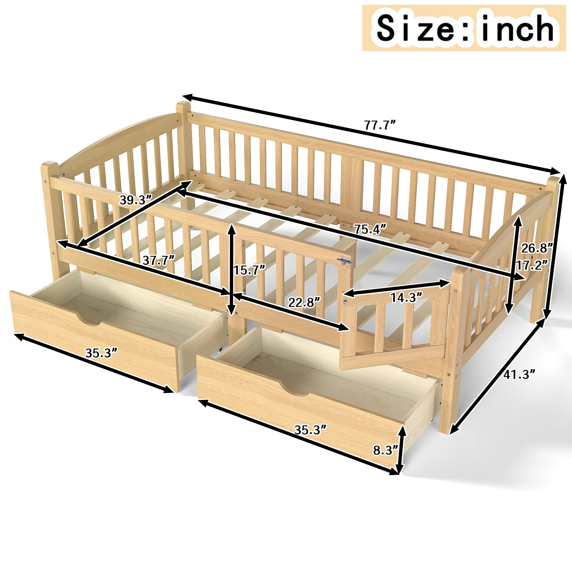 Miniyam Twin Platform Bed with Guardrails and Storage Drawers for Kids, Safe and Sturdy Bed for Children, Natural