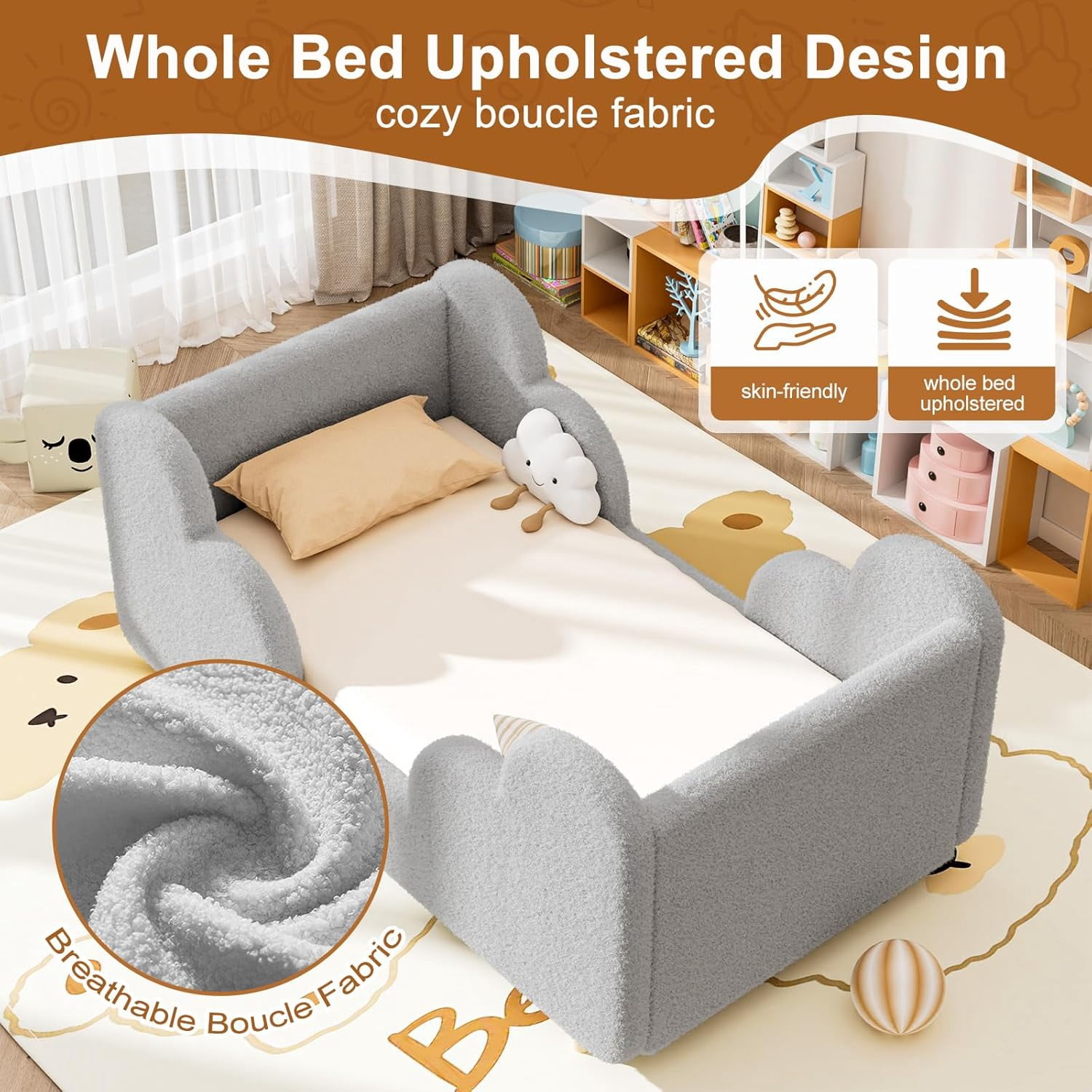 SLSY Toddler Bed,Classic Gray Child Bed for Kids with Extra Safty Broad,Certified Fabric Toddler Floor Bed,Standard Crib Size(Mattress Not Included)