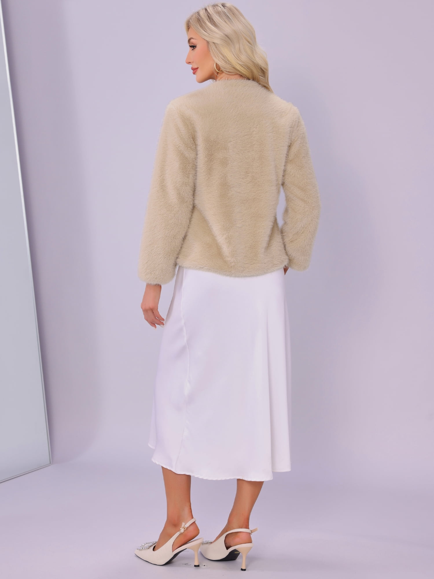 DARING DIVA Women's Faux Fur Long Sleeve Open Front Fluffy Jacket S Champagne Gold