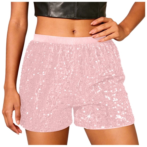 GEWSEY Women's Sparkly Sequin Shorts Elastic Waist Glitter Straight Leg Party Shorts with Pockets (Pink, S)