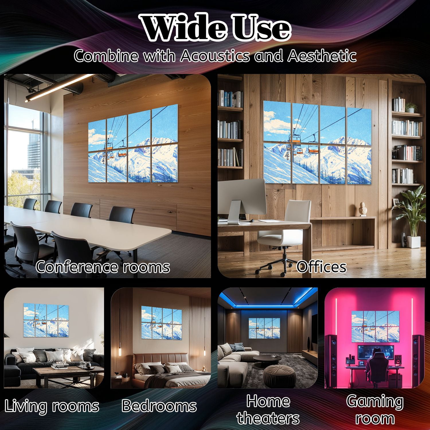 8 Pack Art Acoustic Panels Sound Absorbing Chair lift ski resort snowy mountains nice sunny day Decorative Soundproof Wall Panels Self Adhesive for Nursery Game Room Bedroom 48"x32"