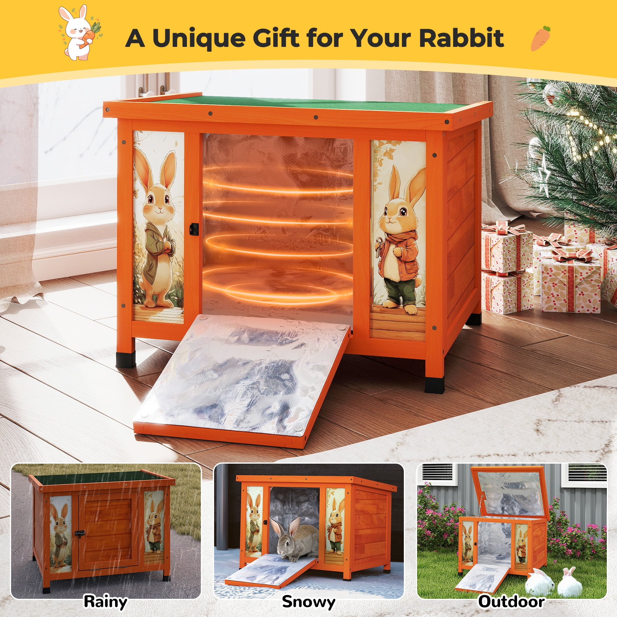 24'' Heated Small Rabbit Hutch for Winter, Cat House Outdoor Indoor with Warm Liner, Waterproof Structure, Suitable for Cats, Rabbits, Small Pets (Orange)