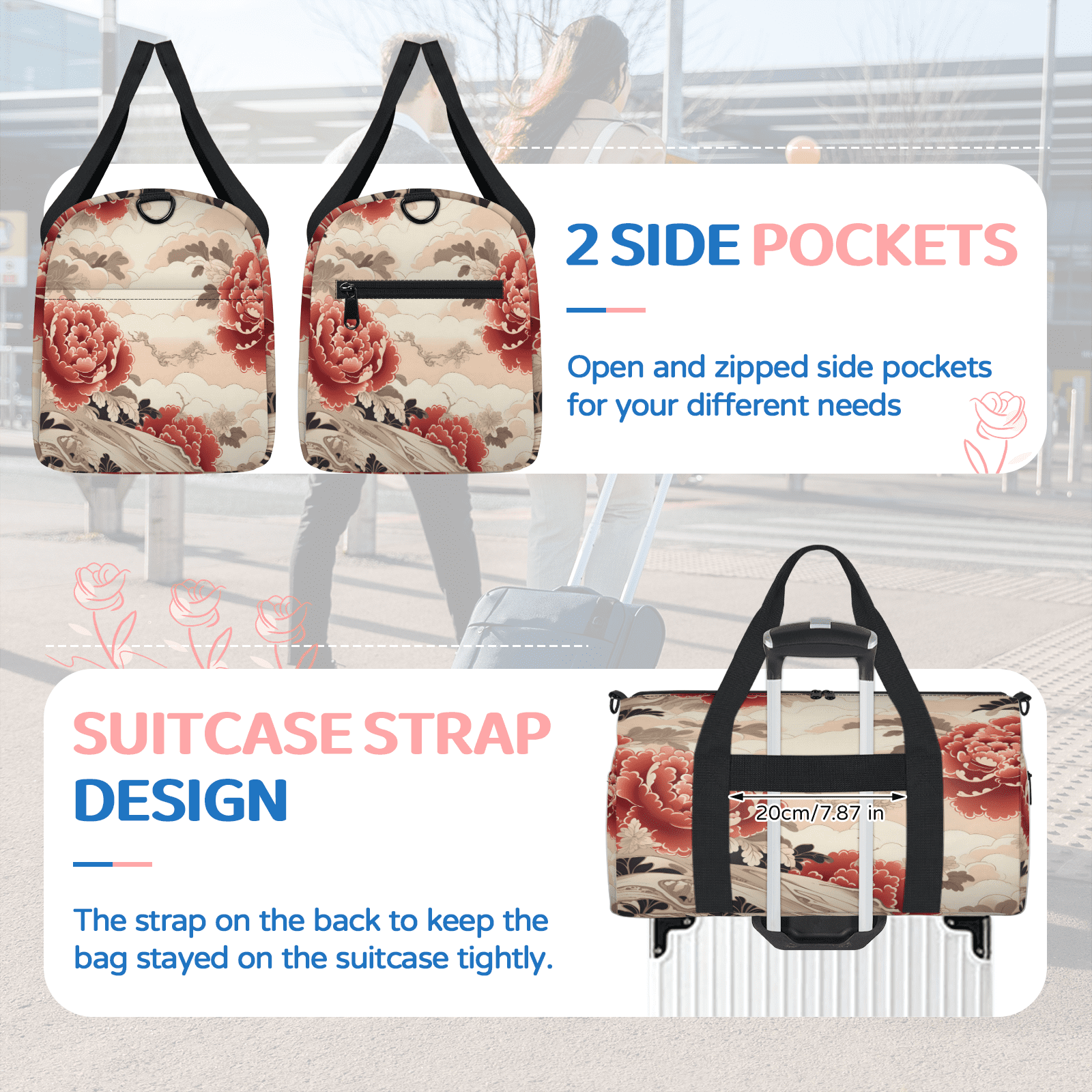 Herdesigns Vintage Flower Japanese Gym Bag for Women, Duffle Bag for Travel Sport, Lightweight Waterproof Carry on Weekender Overnight Dance Yoga Workout Bags