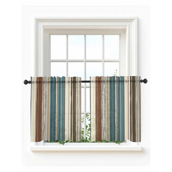 Teal Boho Stripes Tier Curtains 24 Inch Length,Sheer Curtains for Bedroom Living Room,Modern Bohemia Brown Beige Texture Rod Pocket Voile Drapes Kitchen Curtains Small Half Window 27.5"x24" 2 Panels