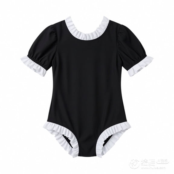 JAJAHO Girls Swimsuit One Piece Swimwear Lace Trim Short Sleeve Crewneck High Cut Cute Beachwear For Kids Teens 8-13 Years Versatile Beachwear