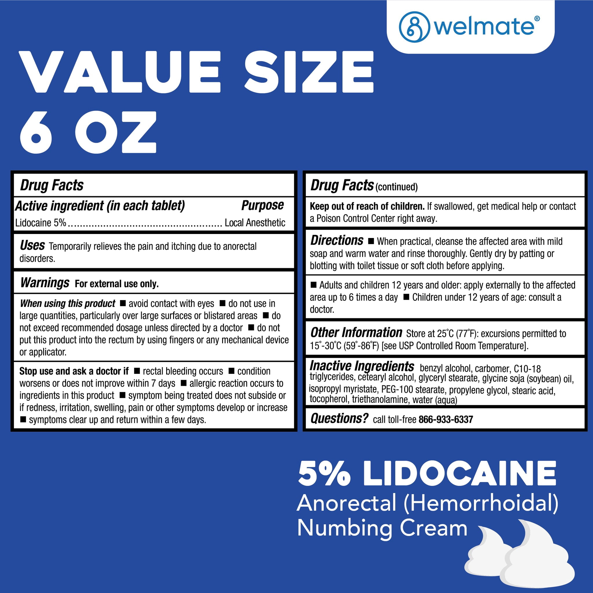 WELMATE 5% Lidocaine Cream, Pain Management, Numbing Cream, 6oz