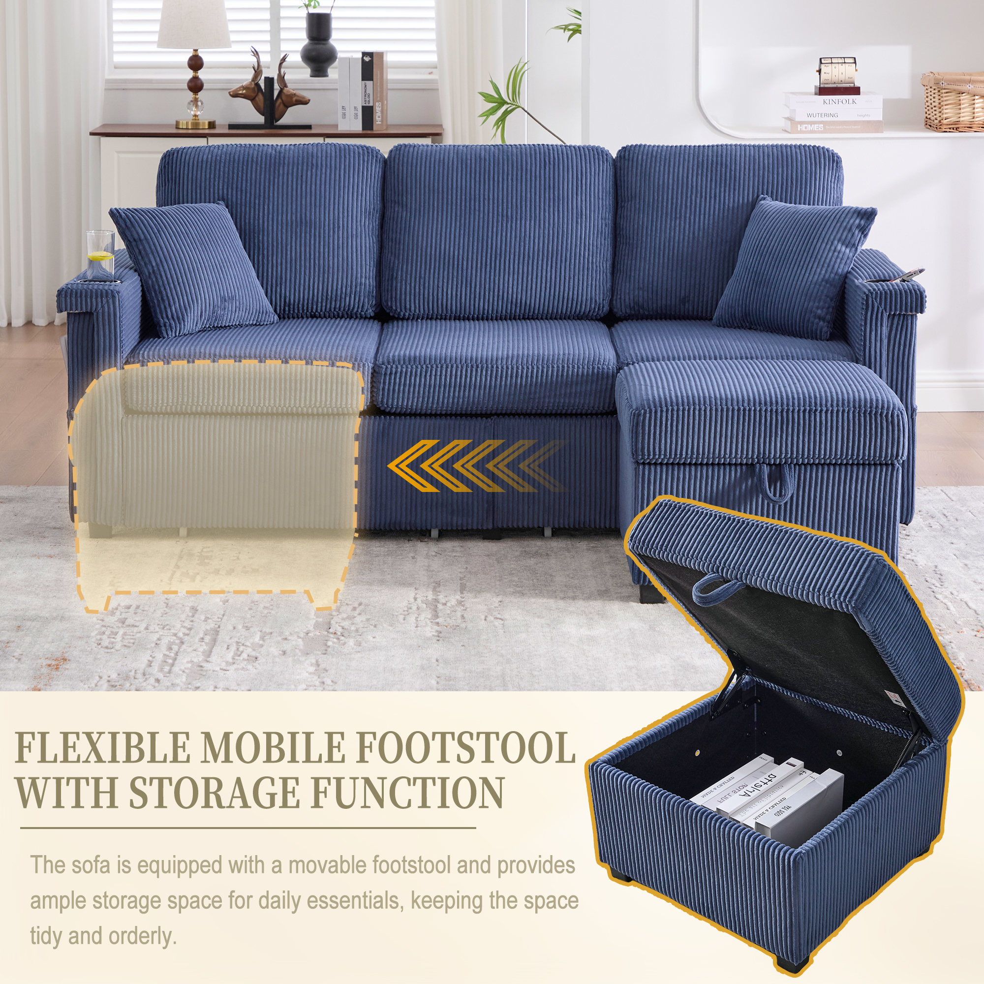 MOONMISS Corduroy Upholstered L-shaped Pull-Out Storage Sectional Sofa with Storage Ottoman,USB Charging,Cup Holder-Navy Blue