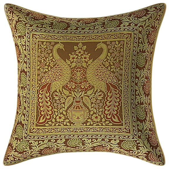 Stylo Culture Indian Christmas Brocade Coffee Brown And Gold Throw Pillow Covers 16x16 Jacquard Weave Banarasi Modern Pillow Covers Peacock Floral 40x40 cm Decorative Cushion Covers (1 Pc)