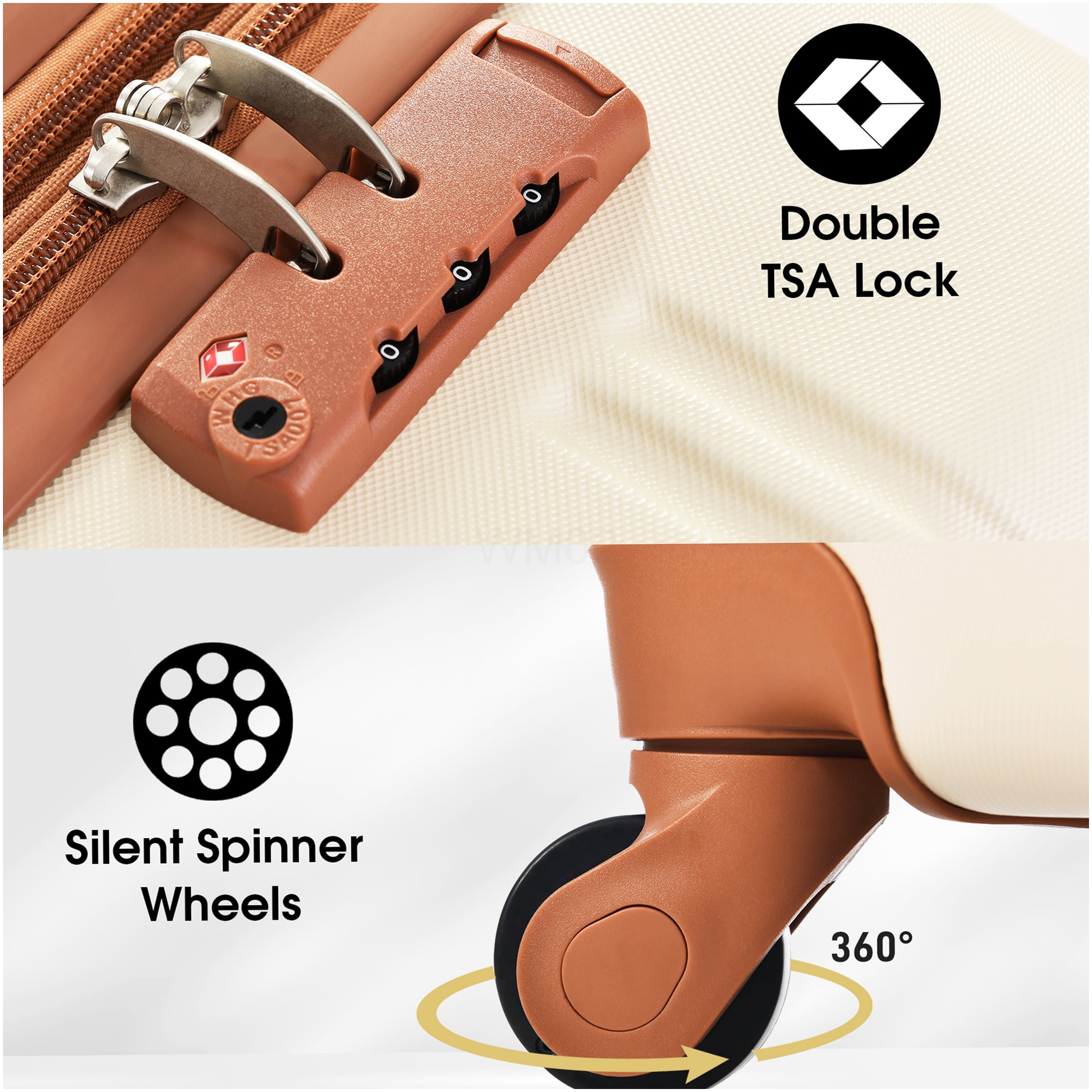 4-Piece ABS Hardshell Luggage Set with Spinner Wheels and TSA Lock, Expandable Lightweight Suitcase Collection in Brown and White