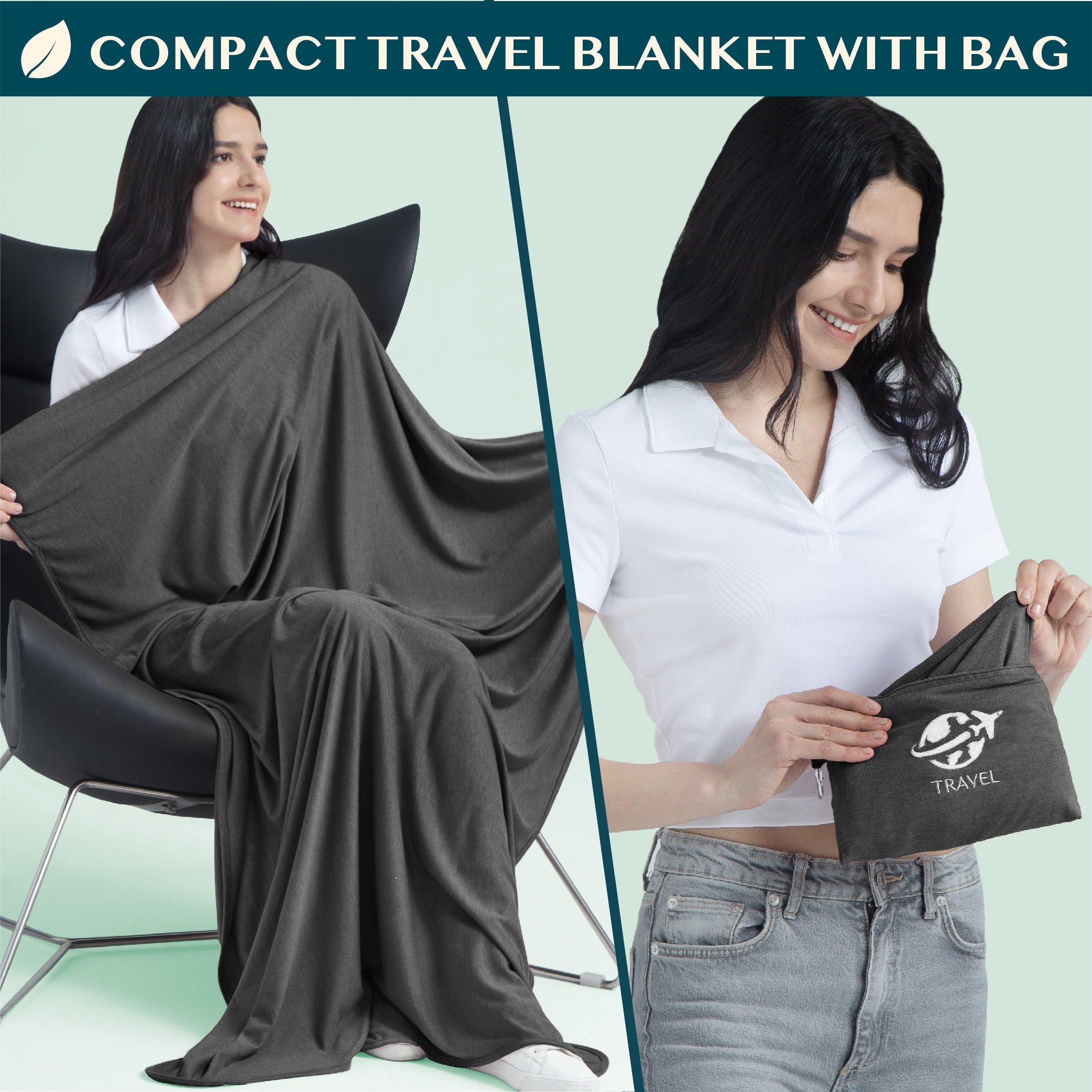 PAVILIA Soft Compact Travel Blanket and Pillow, Foldable Airplane Blanket in Bag, Lightweight Portable Flight Blanket Set with Luggage Strap, Camping Plane Car Home Office Gift Accessories, Black