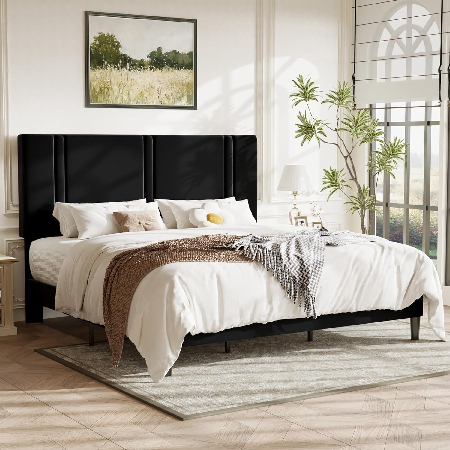 Allewie King Platform Bed Frame with Adjustable Headboard, Plush Velvet Upholstered, Vertical Channel Tufted, Sturdy Wooden Slats, No Box Spring Needed, Easy Assembly, Black