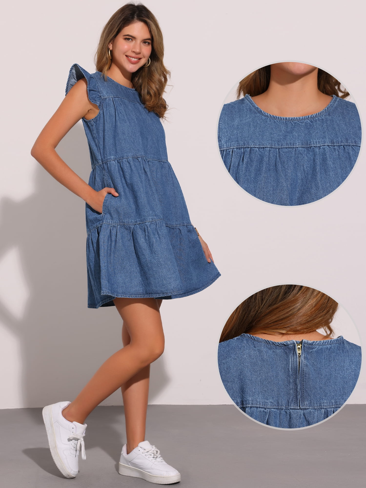 DARING DIVA Denim Casual Cap Sleeves Tiered Mini Dress XS Blue