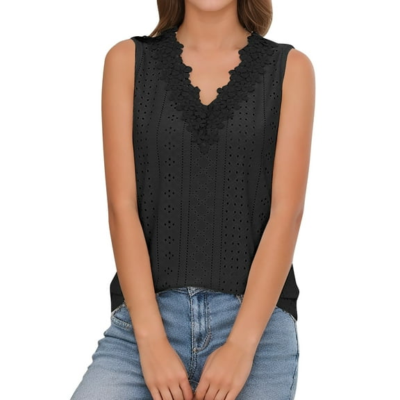 DQRPSEETB Womens Summer Tops Eyelet TopWomen's New Summer V Neck Vest T Shirt US Size Sleeveless Lace Top for Women Loose Tank Tops for Women