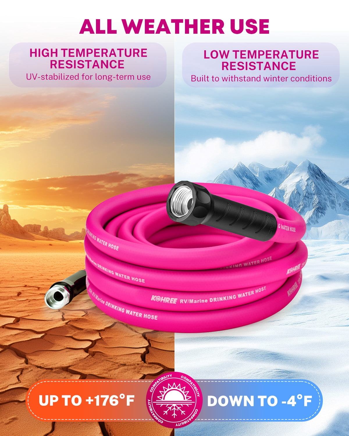 Kohree 25FT RV Water Hose – NSF Certified 5/8" Premium Drinking Water Hose, Safe & Lead-Free, No Kink and Flexible Garden Hose with Storage Bag for RV, Camper, Truck, Car, Rose Red