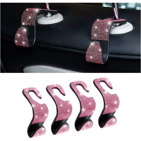 Bling Car Seat Headrest Hooks, 4PCS Handcrafted Rhinestones Seat Hanger Organizer for Handbag Purse Scarf, Universal for Cars, Auto Interior Accessories for Women Men (Pink)