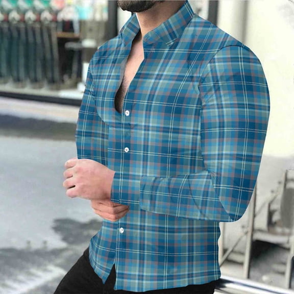 WAENQINLA Vintage Plaid Shirts for Men Button Up Long Sleeve Tops Lapel Collared Golf Tees Work Jackets Blue L