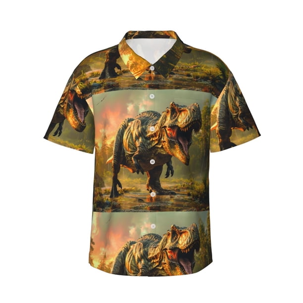 Fotbe Realistic Style Forest Dinosaur Camisa Hawaiana para Hombre Unisex – Camisa Casual de Verano con Botones de Manga Corta de Algodón y Lino,XX-Large