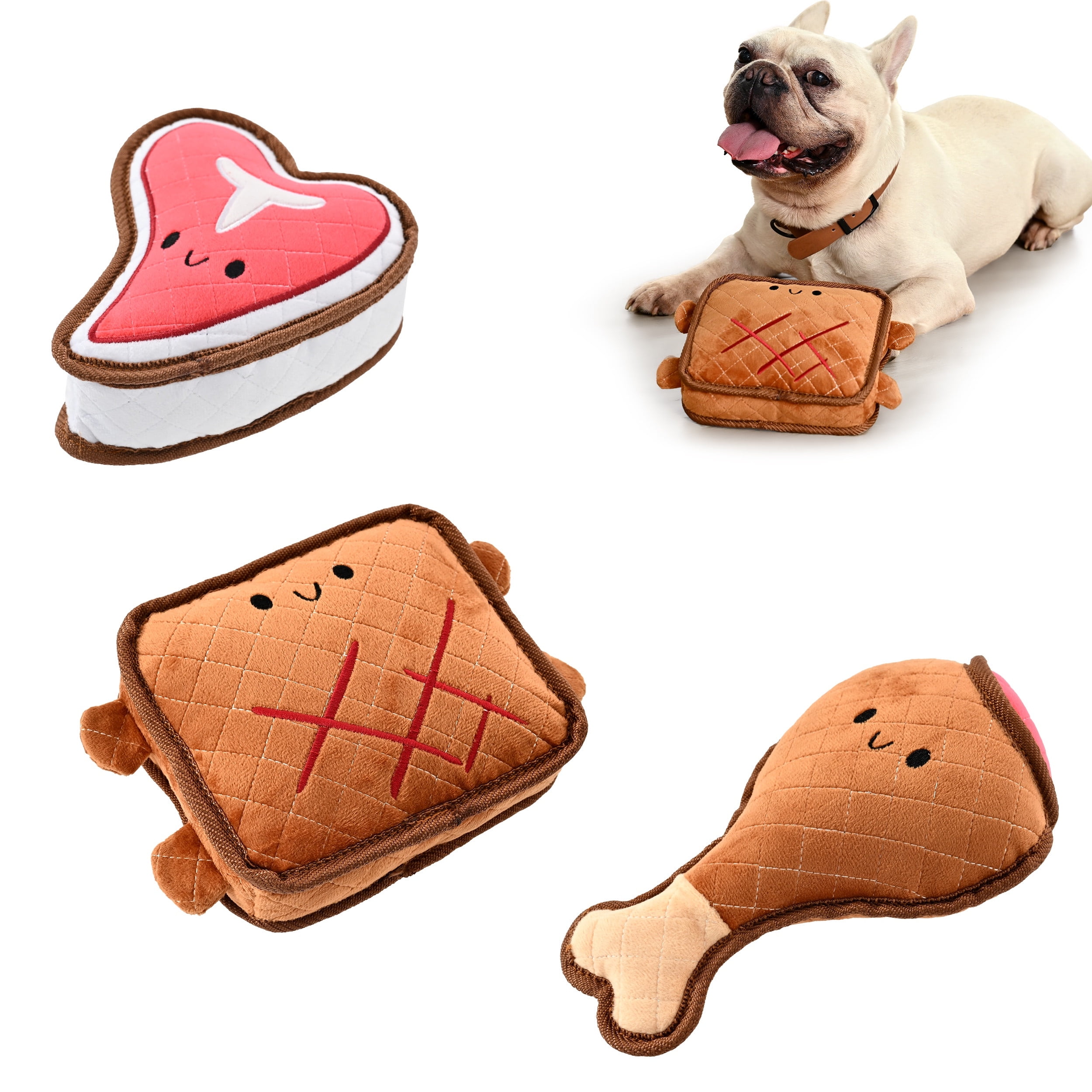 Max & Marlow Indestructible Plush Dog Chew Toy for Aggressive Chewers, Chicken, Beef, and Sandwich 3 Pack