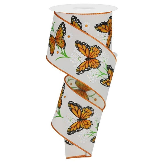 2.5"x10 yd Butterflies & Daisies Wired Edge Ribbon, Orange, Green, White on Cream BackgroundRGE1506C2