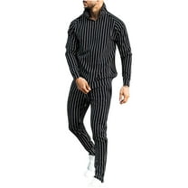 Dagegui Outfit Sets for Men Casual Striped Print Outfits Turndown Long Sleeve Shirts and Slim Fit Pants Trendy Party Set Clothes Black L