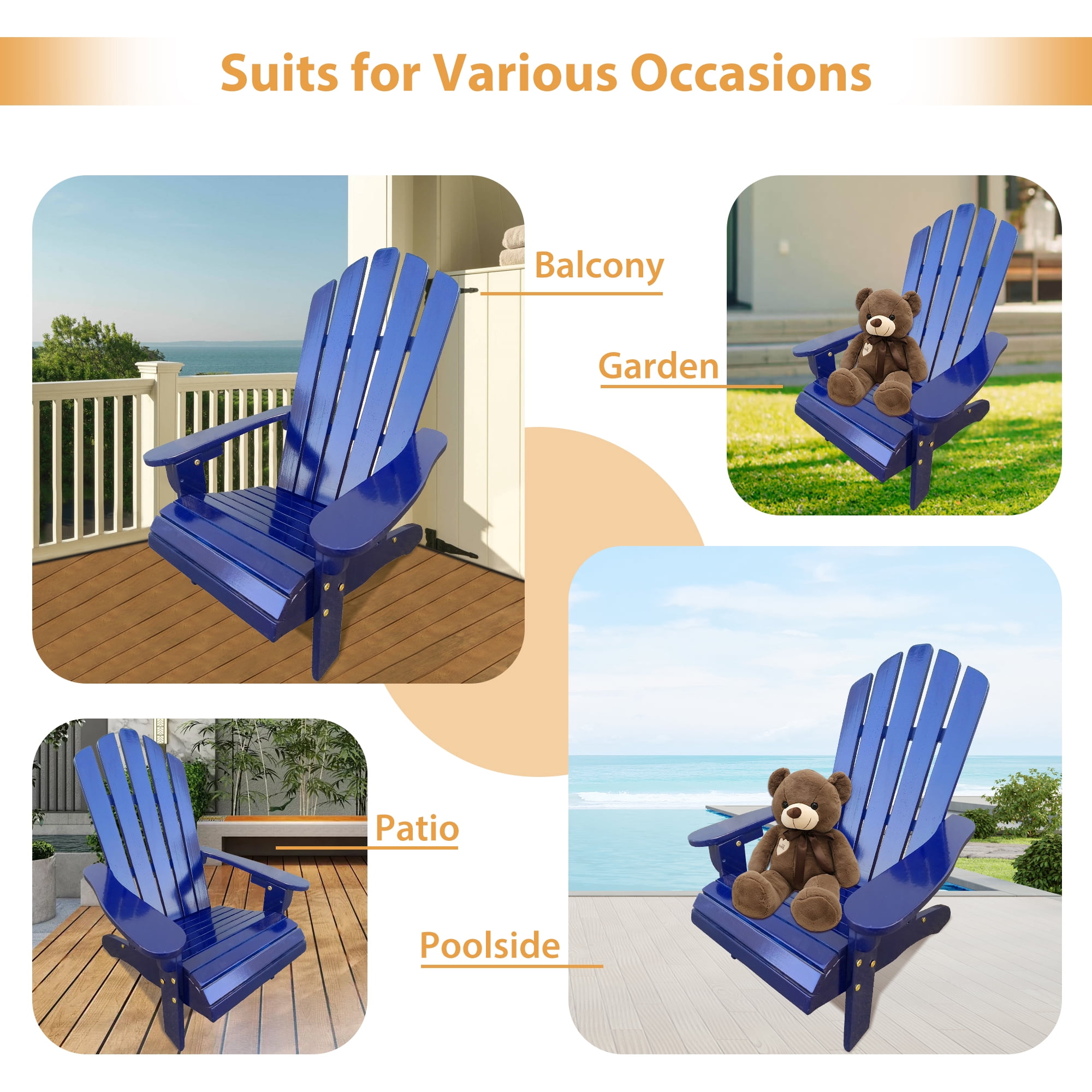 JONPONY Children Outsunny Wooden Adirondack Chair, Ergonomic Design Patio Lawn Chair for Outside Deck Garden Backyard Balcony,Blue