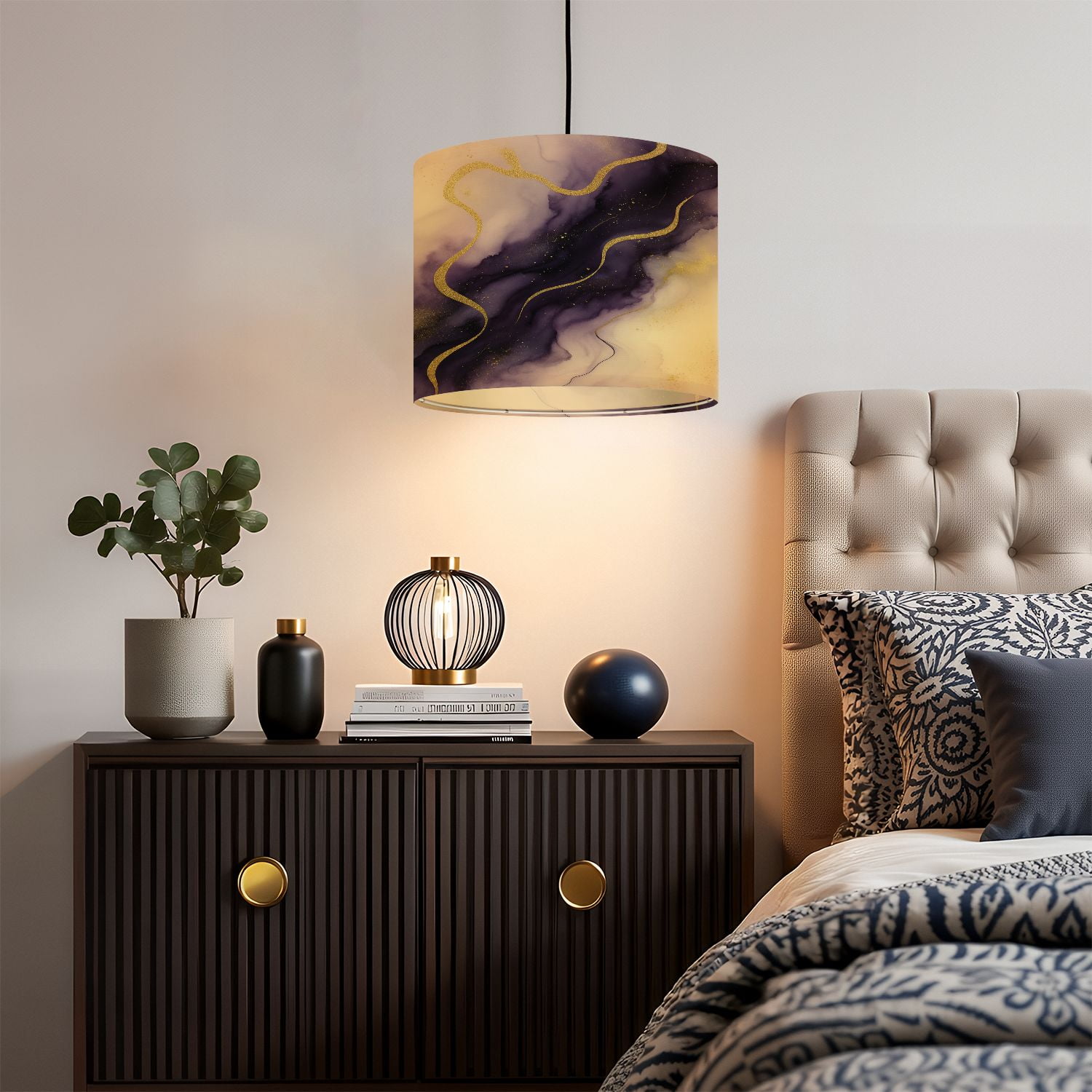 Linen Drum Lampshades Purple marble gold stripes alcohol ink Luxury violet black watercolor 13"x13"x10" Light Shade for Table Lamps Floor Lamp Shades Lampshade Replacement Assembly Required