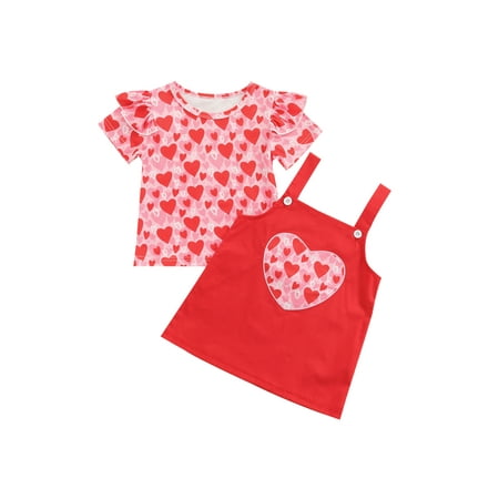 

Loalirando Baby Girls Valentine s Day Clothing Sets Heart Print T-shirts Tops Suspender Skirt Casual Clothes