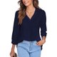 thumbnail image 3 of Blusa holgada azul oscuro con pliegues y dobladillo curvo para uso diario y trabajo, blusa informal XXL con escote en V, 3 of 6