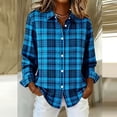 thumbnail image 4 of AKOEE Button Up Plaid Shirts Women Linen Blend Long Sleeve Collared Blouses Dressy Casual Fall Spring Tops, Blue XL, 4 of 5