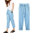 thumbnail image 3 of Fusipu Solid Color Cotton Linen Cropped Trousers Loose Women Drawstring Harem Pants, 3 of 8