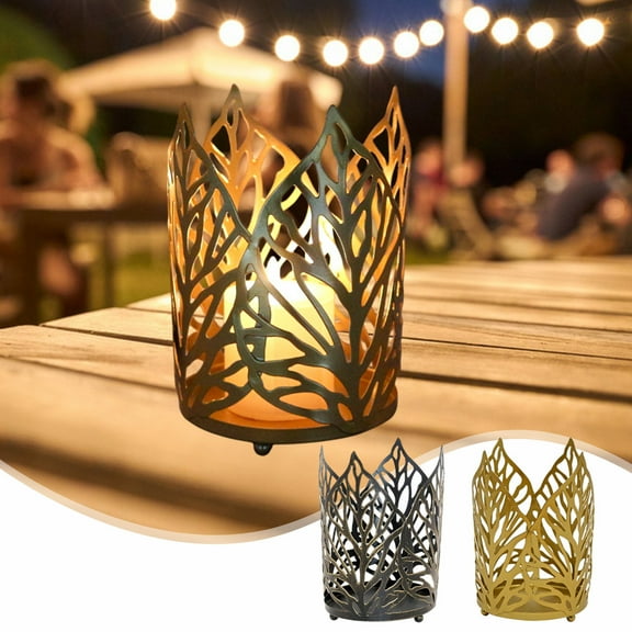 Kcavykas Vintage Candle Holder, Hollow Leaf Iron Tea Light Stand, Gold Decorative Centerpiece for Table or Mantel