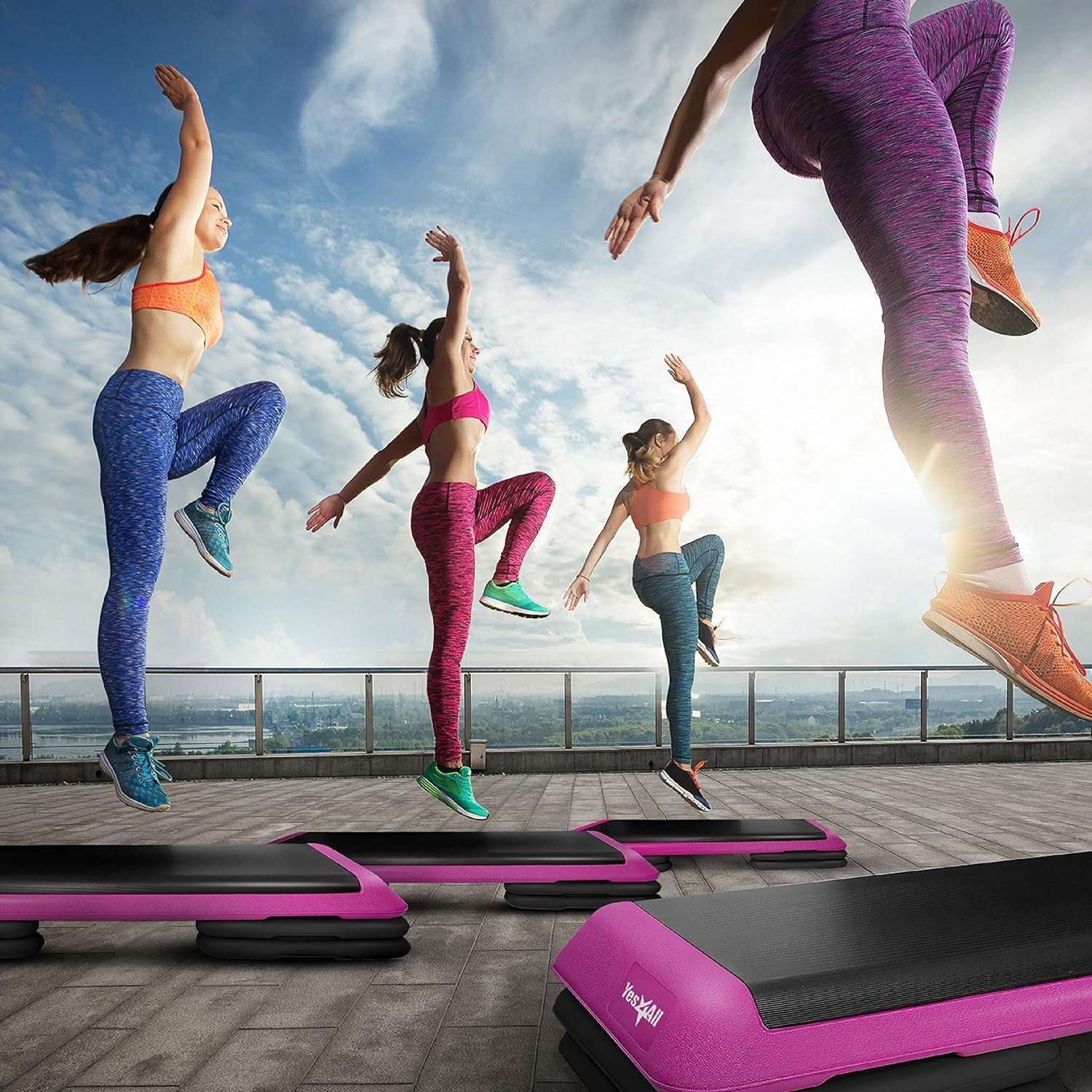 Yes4All Adjustable Workout Aerobic Exercise Step Platform Health Club Size with 4 Adjustable Risers Included and Extra Risers Options - Pink Grey