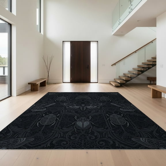 Design&I 8'x10' Washable Area Rug Sleek Flatweave Pet Friendly Ornate Victorian Scrollwork Border Accents Gothic Insect With Playful Expressive for King Size Bedroom, Under Bed