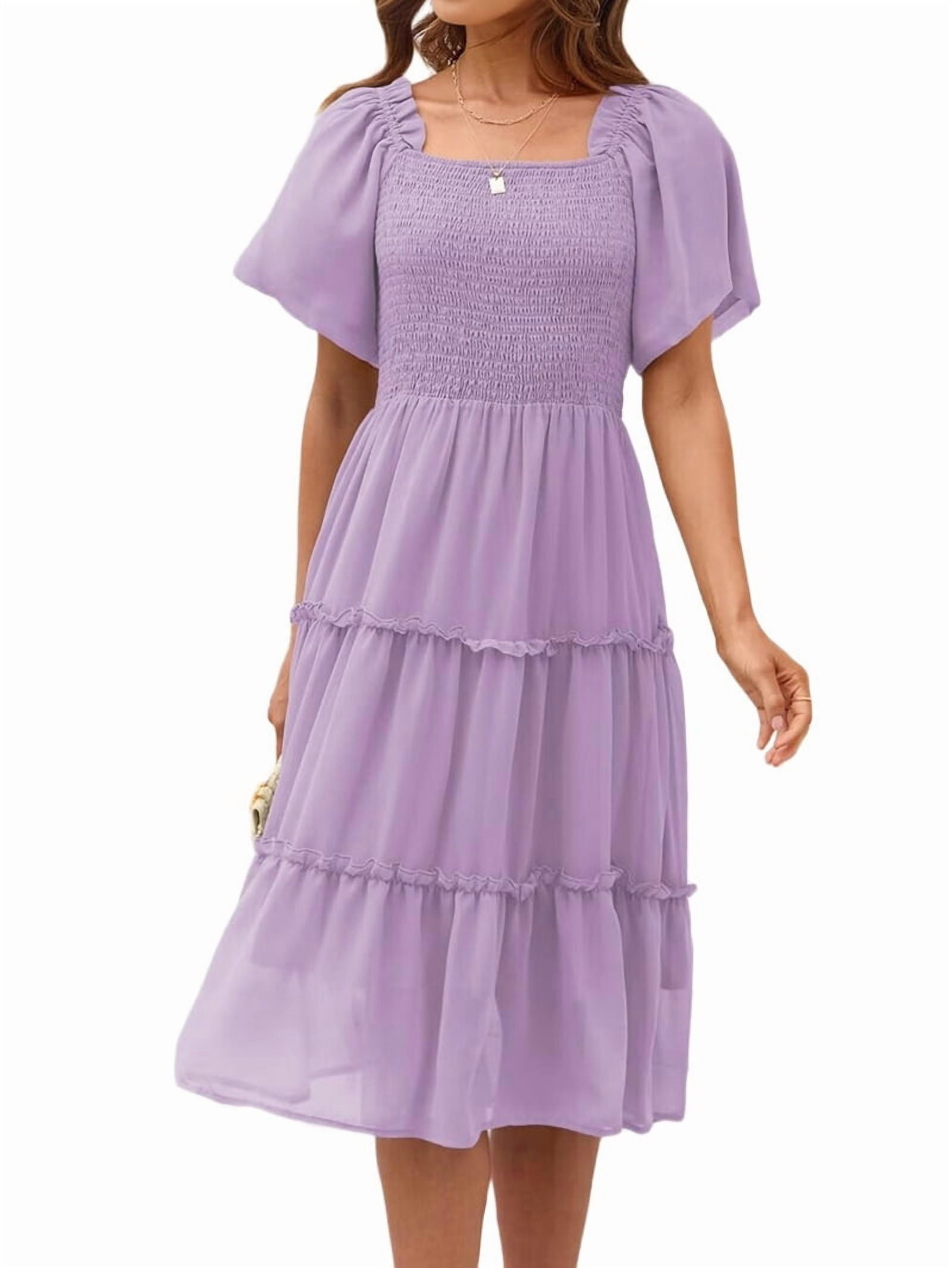 Women'S Summer Casual Flutter Sleeve Square Neck Smocked Midi Dress Light Purple XL