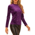 thumbnail image 4 of INSPIRAR CHIC Blusas de terciopelo de manga larga con estampado de estrellas para mujer, cuello redondo, XS, púrpura, 4 of 5