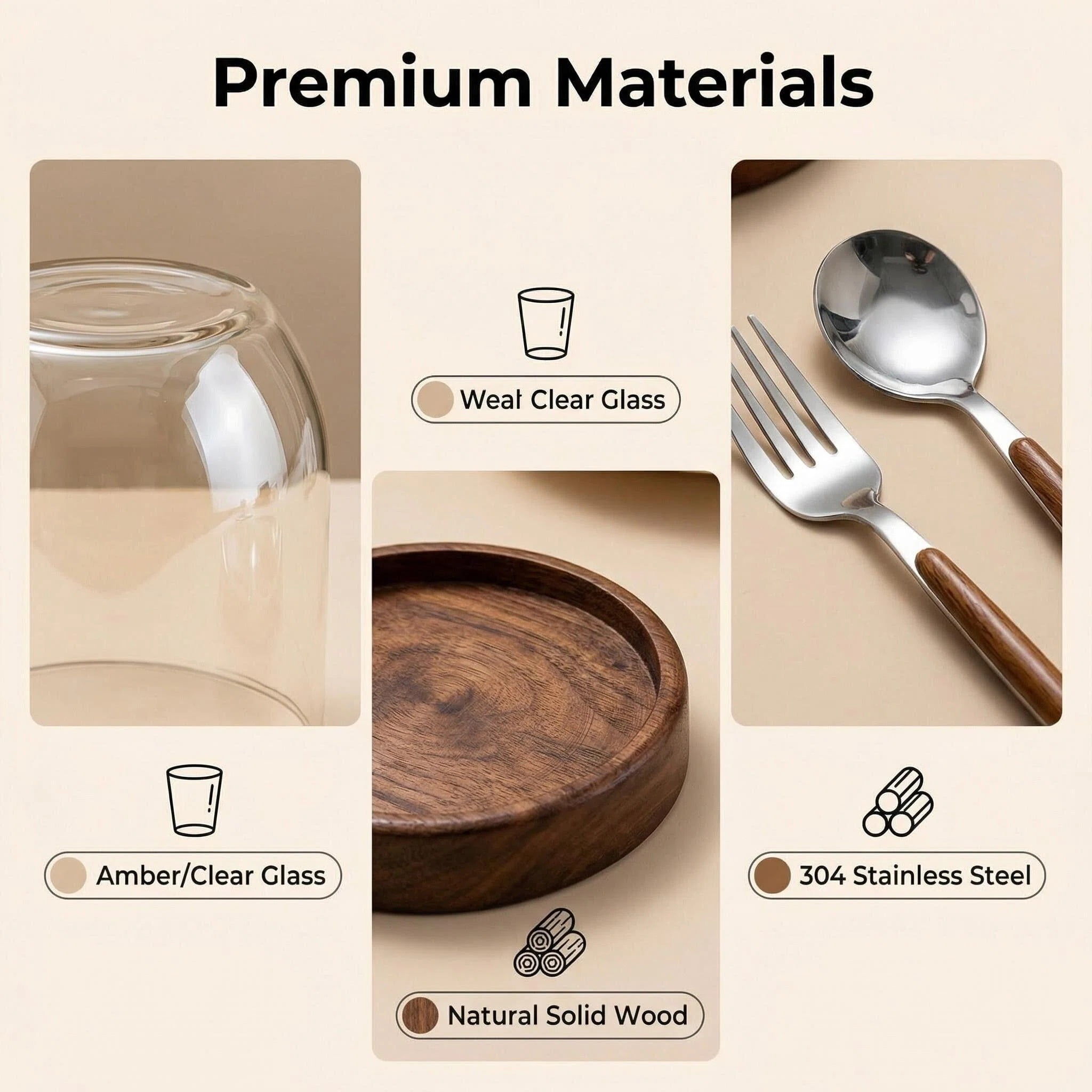 Glass Utensil Holder With Wooden Base,Fork And Spoon Set With Wood Handles,Cutlery Caddy For Kitchen Afternoon Tea Ice Cream Cake Stainless Steel