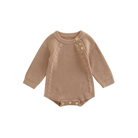 

Infant Baby Boys Girls Knitting Jumpsuit Solid Color Ribbed Long Sleeve Crew Neck Button Closure Romper