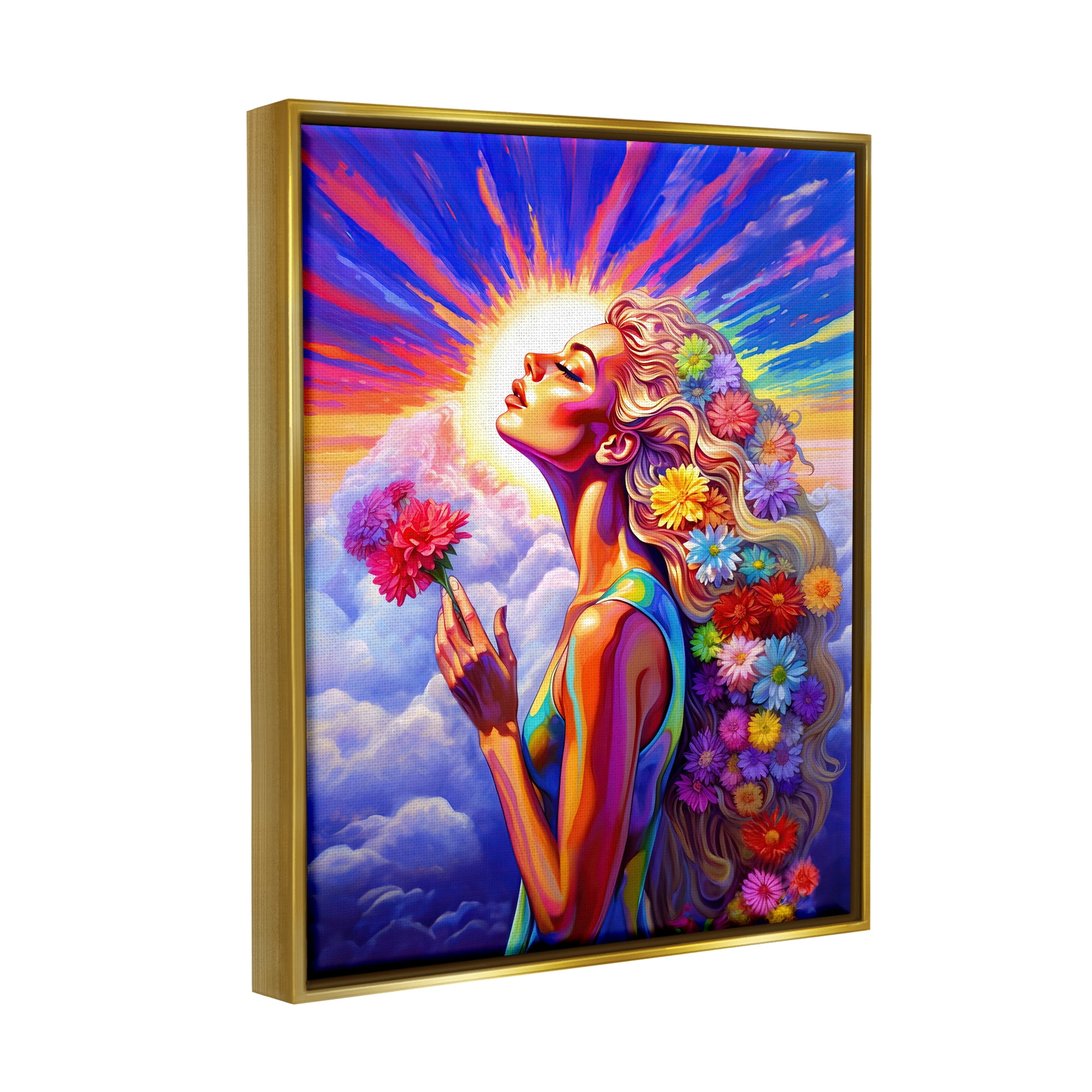 Stupell Industries Woman & Sun Rays Botanical & Floral Painting Gold Floater Framed Canvas Art Print Wall Art, 17 x 21