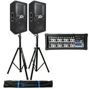 (2) Peavey PV112 12" 1600w Speaker System Cabinets+Powered Mixer+Stands