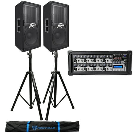 (2) Peavey PV112 12" 1600w Speaker System Cabinets+Powered Mixer+Stands