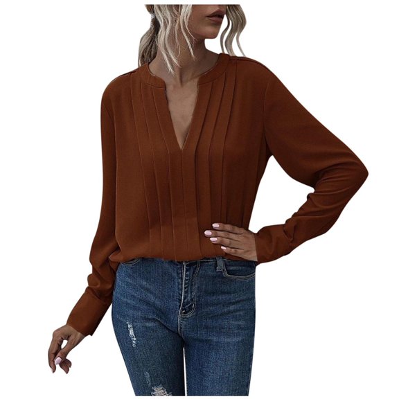 Womens Shirts Tops V-Neck Long-Sleeved Pleated Chiffon Commute Solid Color Pullover Women Tees Blouses Coffee L