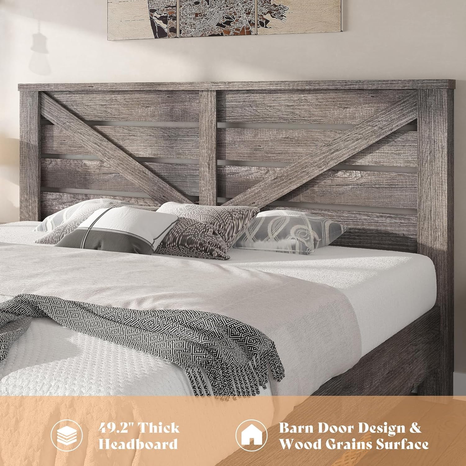 LUXOAK King Size Farmhouse Bed Frame with Rustic Barn Door, Storage Space and Wood Slats, Grey