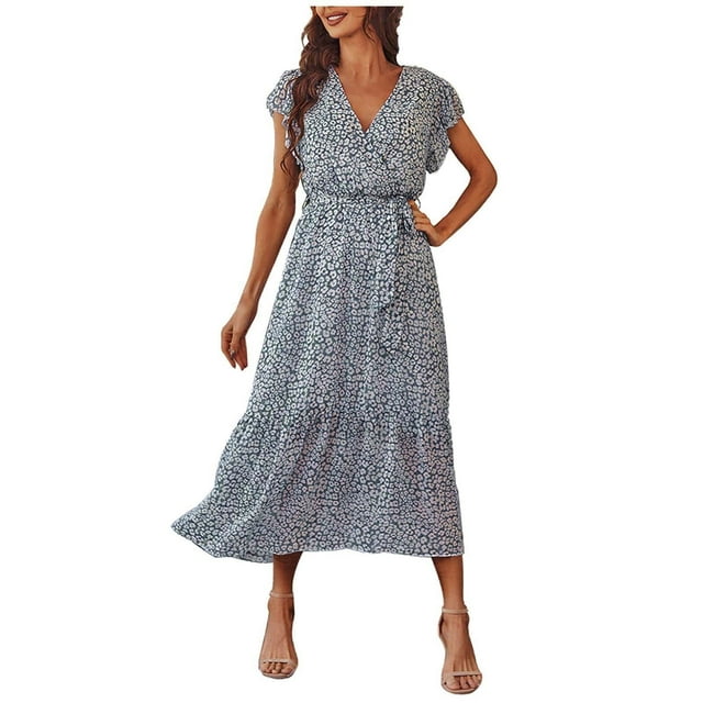 Robe à Manches Courtes pour Femmes Robes pour Femmes à Manches Courtes Col en V à Volants Robe Midi à Imprimé Floral avec Ceinture