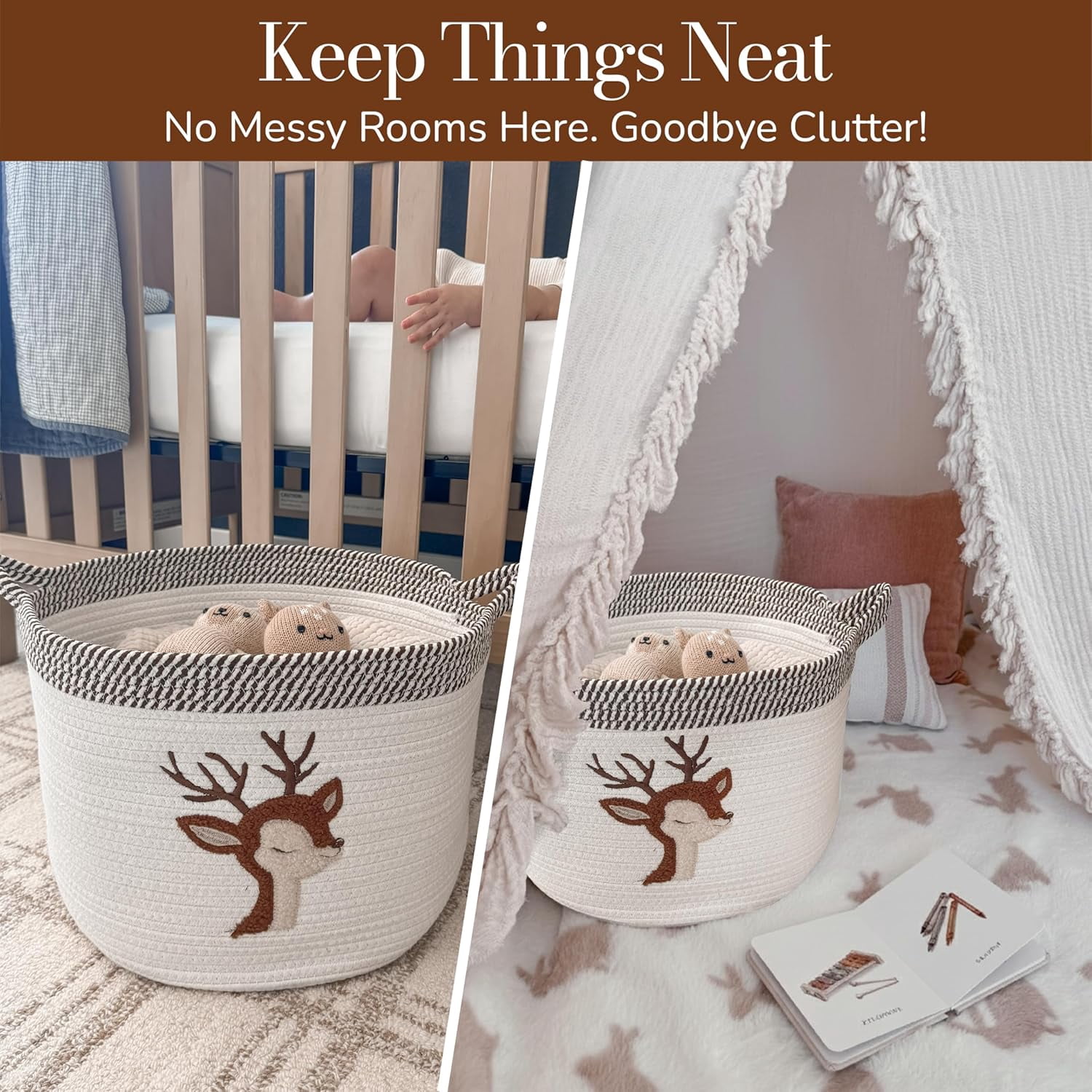 Deer Nursery Storage Basket – Large 15”x11” Cotton Rope Bin with Felt Animal Patch – Baby-Safe Toy Organizer, Laundry Hamper, Diaper & Towel Holder, Foldable & Washable