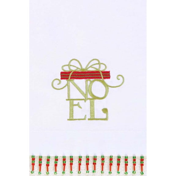 Christmas Present "Noel " Embroidered 100% Cotton Beaded Guest Dishtowel