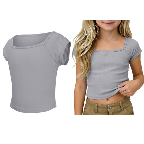 Shirts for Kids Girls Sleeveless Square Neck Grey Tshirt for Girls Basic Plain Kids Girl Shirts 9-10 Years