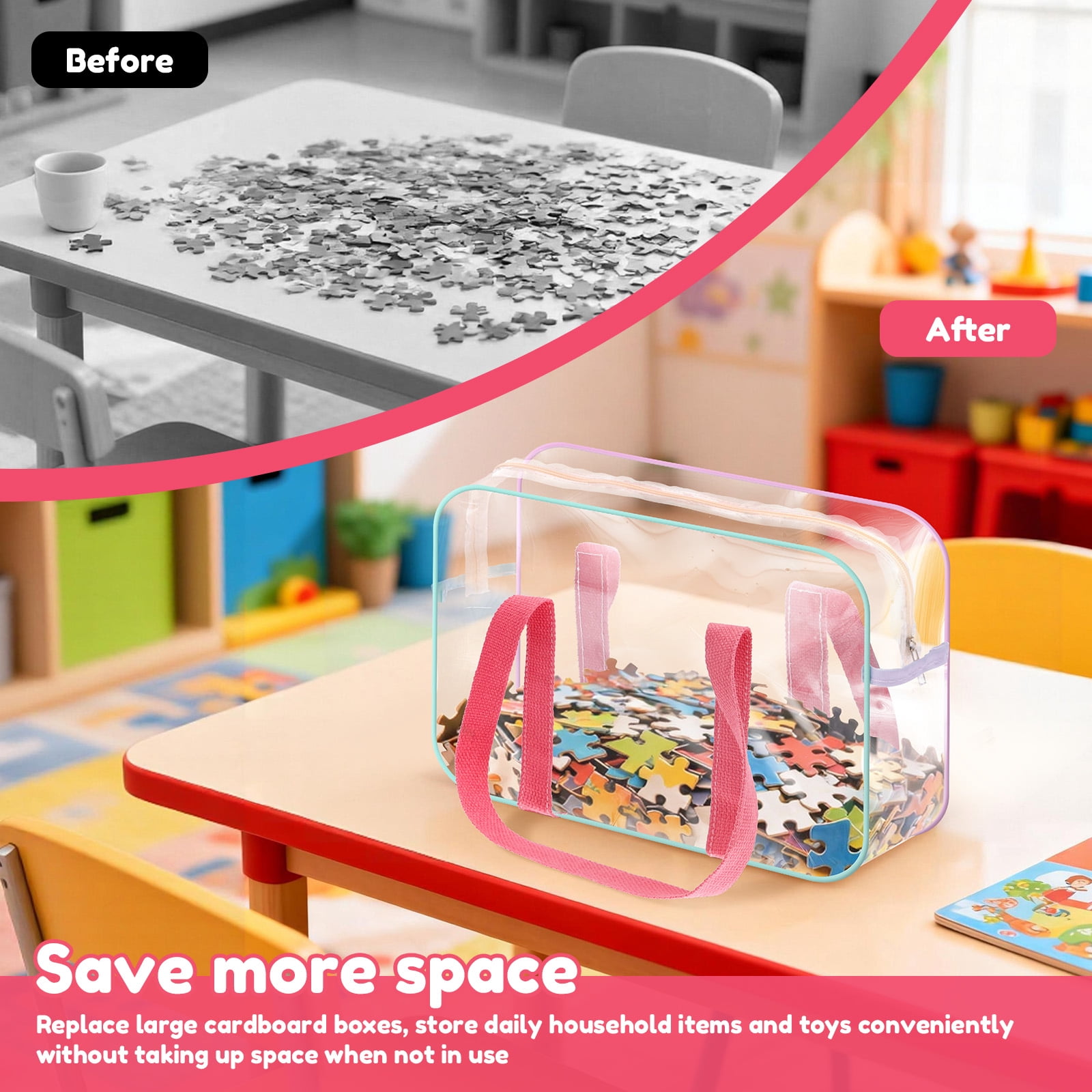 Grusce 4Pcs PVC Toy Storage Bags Waterproof Clear Toy Organizer Bag with Zip and Side Pockets for Building Blocks Puzzle 13.39x9.45x4.72 inch