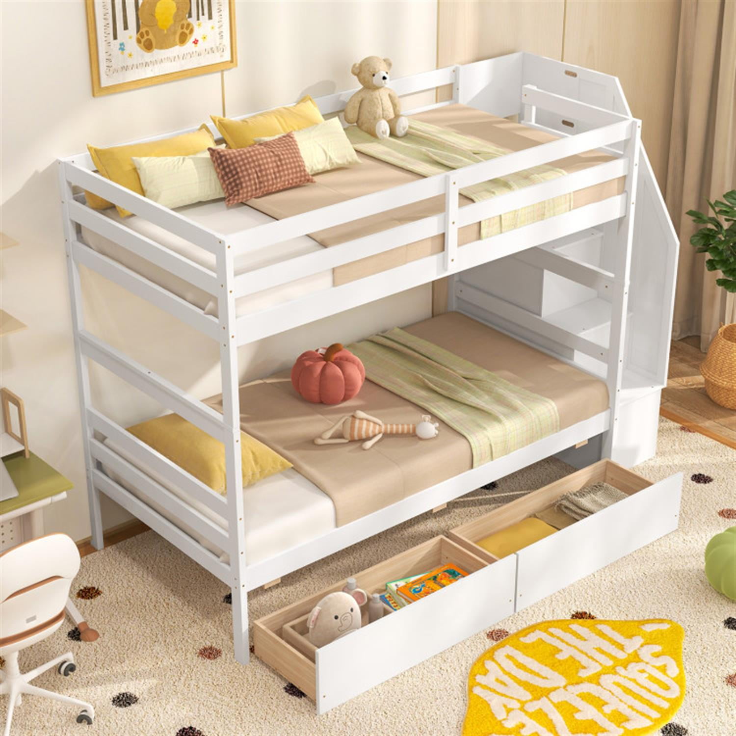 Demi Bonn Twin Over Twin Bunk Bed with Storage Stairs and Drawers, Solid Wood Bunkbeds Frame for Bedroom, No Box Spring Needed, White